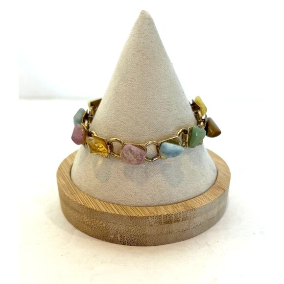 Set of 2 Vintage Natural Various Polished Colorful Stone Link Bracelets - Picture 3 of 16